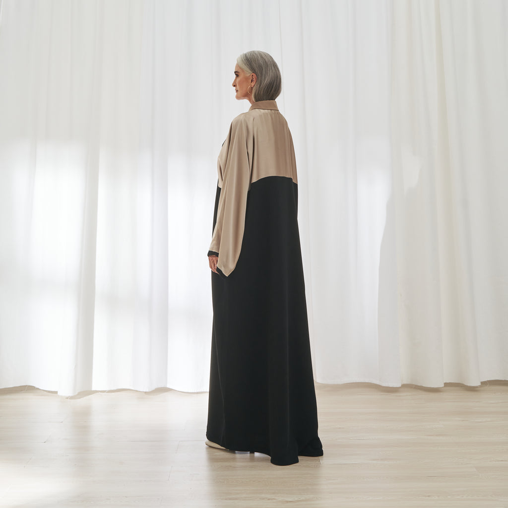 Sahar abaya in Sand & Black by FILO, back view