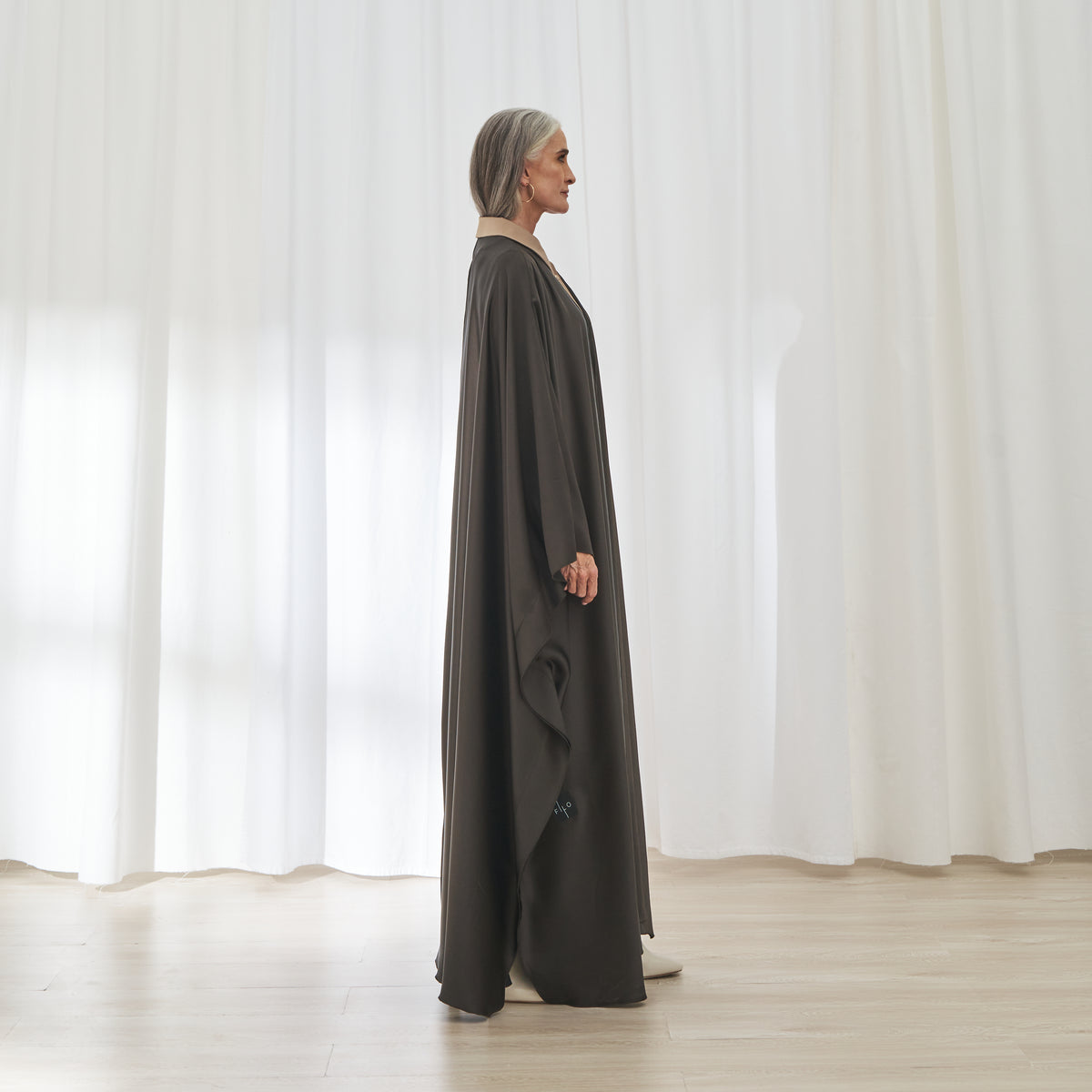 Dalia abaya in Olive by FILO, side view