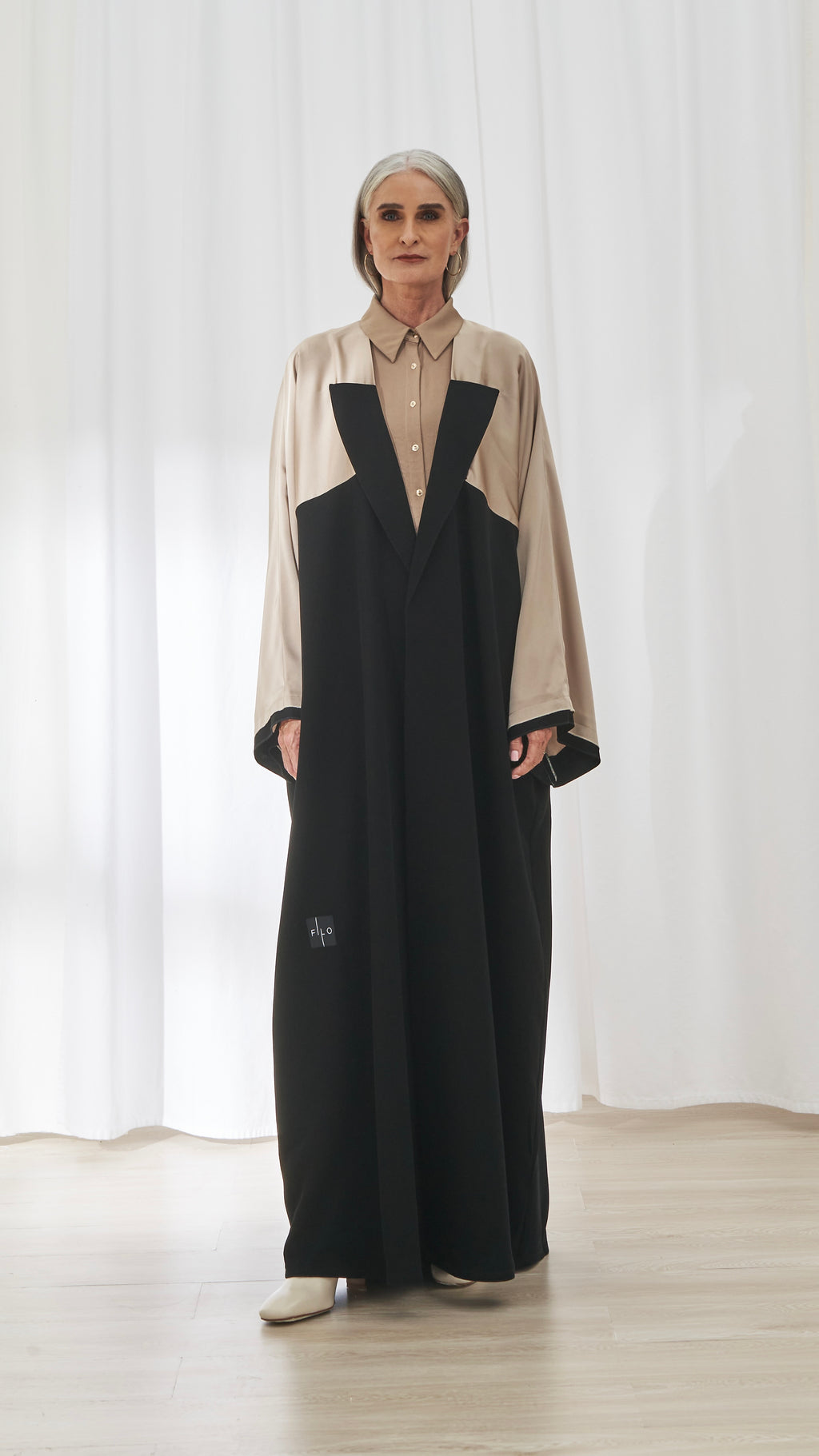 Sahar abaya in Sand & Black by FILO, front view
