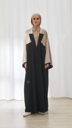Sahar abaya in Sand & Black by FILO, front view